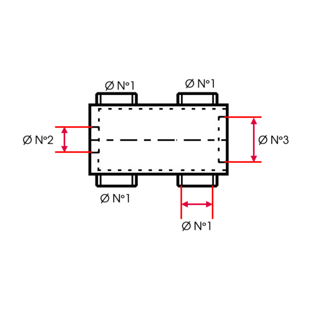 COLLECTEUR 04 SORTIES FEMELLE 1""  (26X34)- FEMELLE  1""1/4 (33X42) - FEMELLE 1""  (26X34)       - 90 ENTR'AXE 105