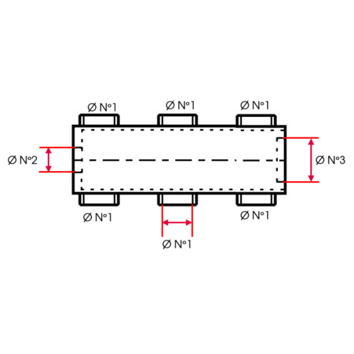COLLECTEUR 06 SORTIES FEMELLE 1""  (26X34)-  FEMELLE 1""  (26X34)- FEMELLE  1""1/2 (40X49)           - 90 ENTR'AXE 105