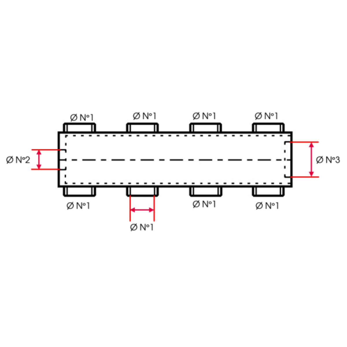 COLLECTEUR 08 SORTIES FEMELLE 1""  (26X34)  - FEMELLE  1""1/2 (40X49) - FEMELLE 1""  (26X34)     - 90 ENTR'AXE 105